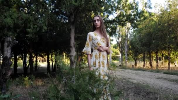 Donna regola capelli molto lunghi in posa contro paesaggio giardino — Video Stock