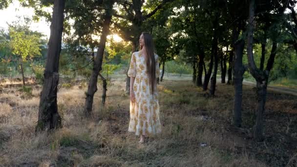 Chica de pelo largo en vestido vaga a lo largo del parque pictórico — Vídeo de stock