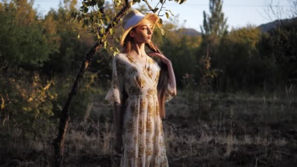 Модель в летнем платье, помаханная легким летним ветром на закате — стоковое видео