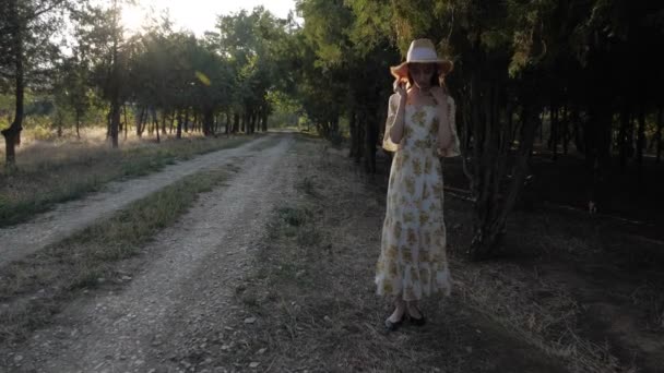 Hübsches Mädchen im Kleid steht zwischen Feldweg und Wald — Stockvideo