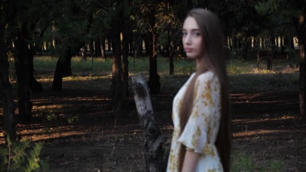 Приваблива модель в елегантних пози сукні в парку повільний рух — стокове відео
