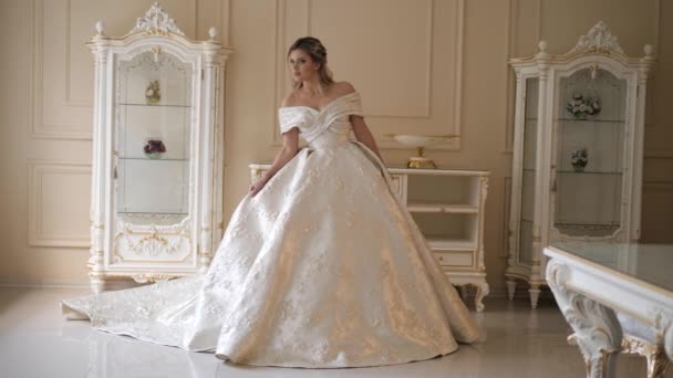 Femme en robe pose à la séance photo contre l'intérieur de la chambre — Video