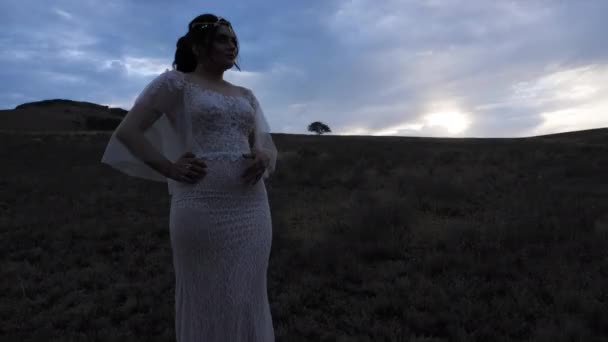Mujer en vestido poses entre desierto bajo cielo nublado — Vídeo de stock