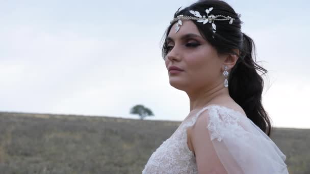 Vrouw met decoratie staat half gezicht poseren tussen veld — Stockvideo