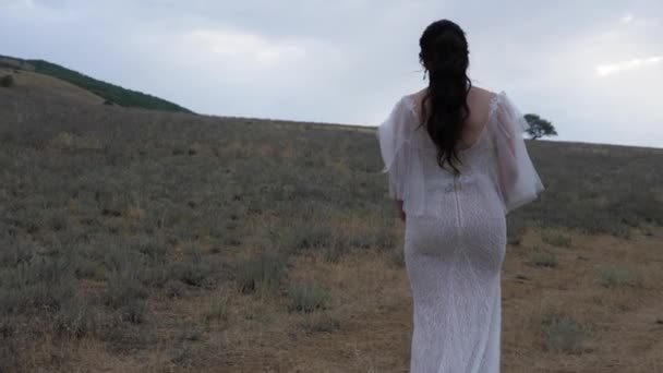 Senhora em elegante vestido apertado branco caminha entre campo vazio — Vídeo de Stock