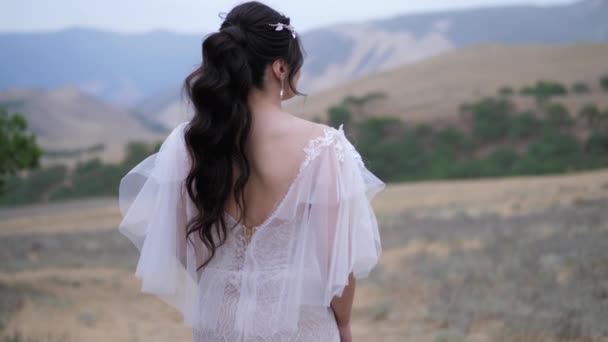 Model in sexy jurk kijkt in afstand genieten van de natuur — Stockvideo