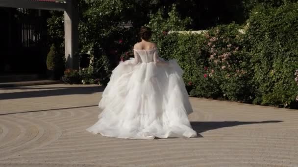 素晴らしいドレスの花嫁は日当たりの良い公園のスローモーションで歩く — ストック動画
