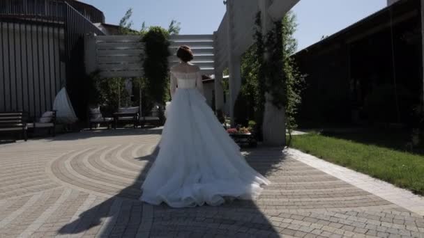Elegáns menyasszony hosszú ruha a parkban a napsütéses napon lassított felvétel — Stock videók