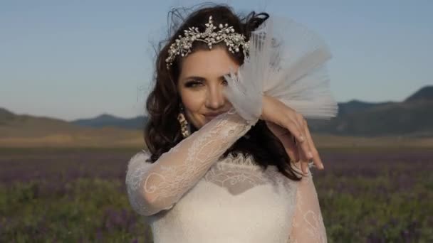 Future wife with gorgeous tiara in wedding dress in field — 비디오