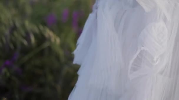 Bonita novia recoge y huele flor silvestre púrpura en el campo — Vídeo de stock