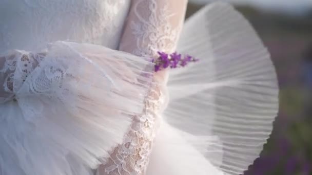 Jeune mariée en robe de mariée détient violette sauvage fleur gros plan — Video