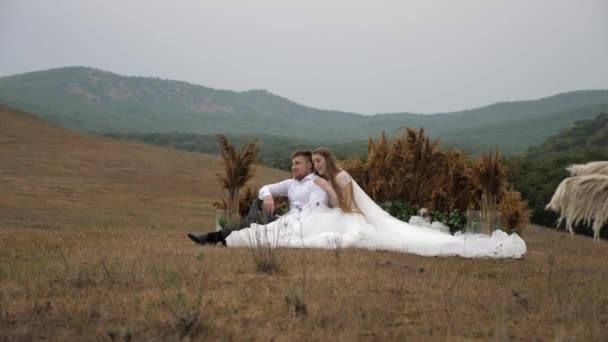 Dama en vestido largo abraza prometido sentado en las colinas forestales — Vídeos de Stock