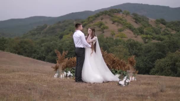 Wonderful wedding couple in elegant dressing dances on hill — Stockvideo