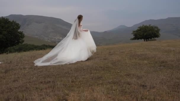 Невеста в белом свадебном платье с вуалью бежит по лугу — стоковое видео