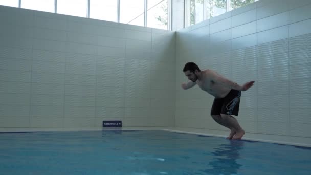 Swimmer in black shorts dives into blue swimming pool water — Stock Video