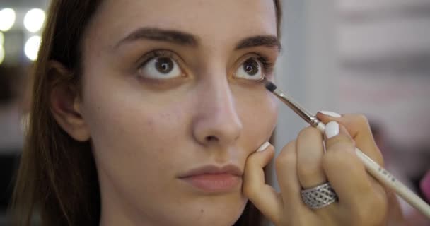 Professional makeup artists applies powder on lady face — Stock Video