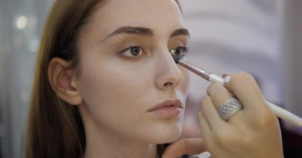 Ervaren make-up kunstenaar past concealer op meisje gezicht — Stockvideo