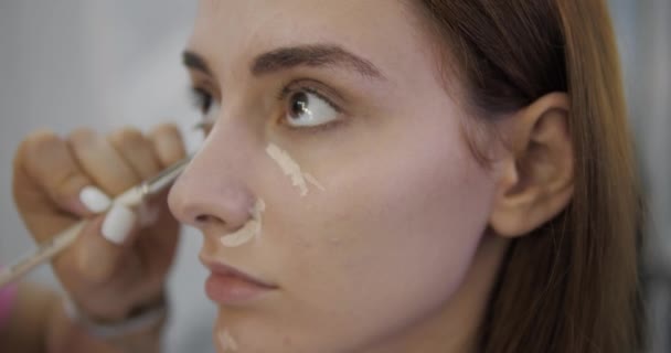 Professionele salon werknemer gladstrijkt concealer op dame gezicht — Stockvideo