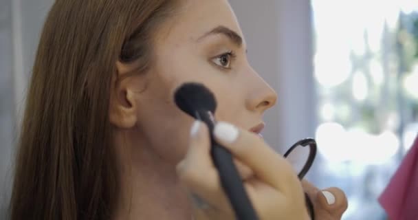 Profesionální visagiste aplikuje blusher na model tvář detailní up — Stock video