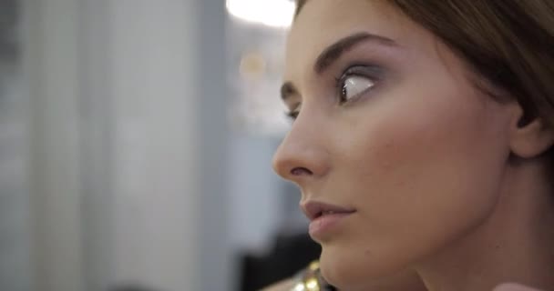 Dame fixes lang haar en make-up kunstenaar past oogschaduwen — Stockvideo