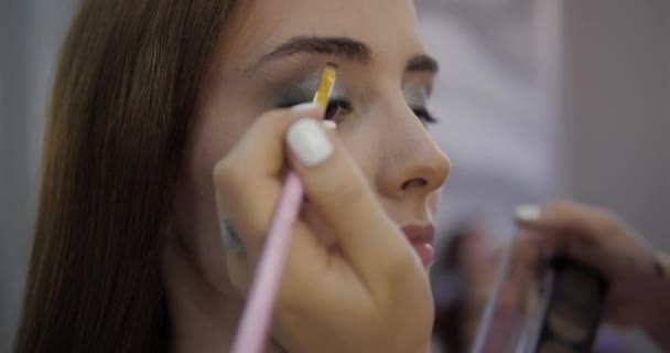 专业化妆师给年轻女性眉毛着色 — 图库视频影像