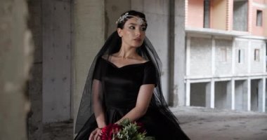 Siyah elbiseli manken, elinde buket olan fotoğraf çekimi için poz veriyor.