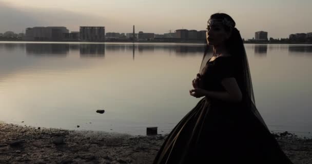 Всадница стоит на пляже против живописного городского пейзажа — стоковое видео