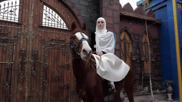 Lady in traditional Arabian costume sits on chestnut horse — Stock Video