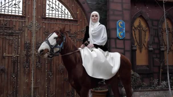 Женщина в хиджабе сидит, гладит каштанового коня у ворот — стоковое видео