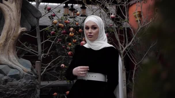 Figyelmes hölgy arab jelmezben a gránátalma fa közelében — Stock videók