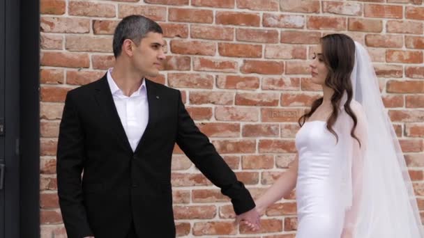 Romantic wedding couple in love joins hands posing at wall — Stock Video