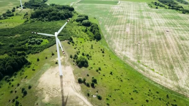 Koncepcja Oszczędzania Energii Widokiem Panoramicznym Budowy Turbin Wiatrowych Polu Łące — Wideo stockowe