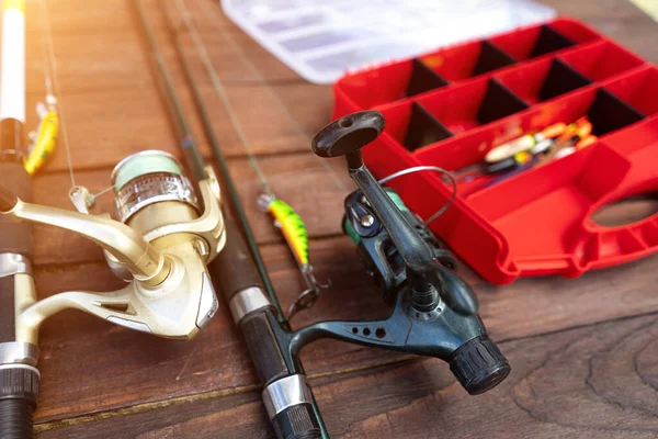 Fishing Rods Tackle Wooden Background — Stock Photo, Image