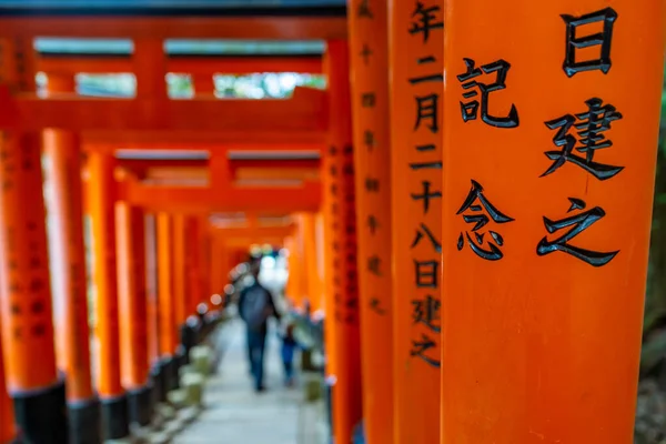 Unrecognizable father and son walking under tori gates, Fushimi — 图库照片