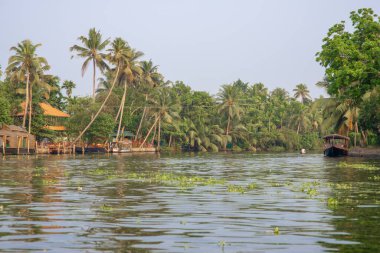 Alleppey, Kerala, Hindistan - 30 Mart 2018: Sabahleyin uzaklardan sadece bir adamla çekilmiş..