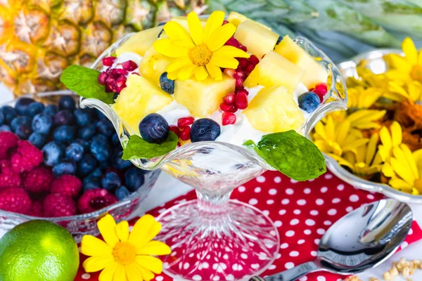 Ontbijt met muesli, yoghurt, fruit en eetbare bloemen — Stockfoto