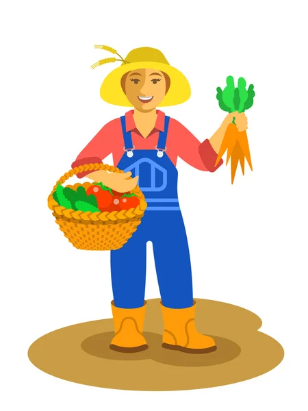 Femme agricultrice debout avec récolte de légumes dans le panier — Image vectorielle