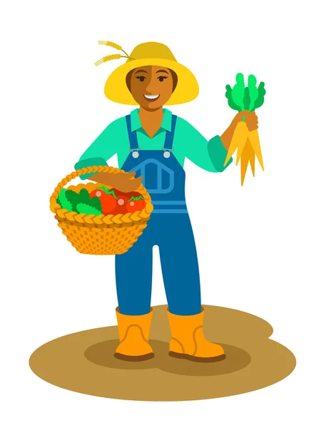 Femme agricultrice noire debout avec récolte de légumes dans le panier — Image vectorielle