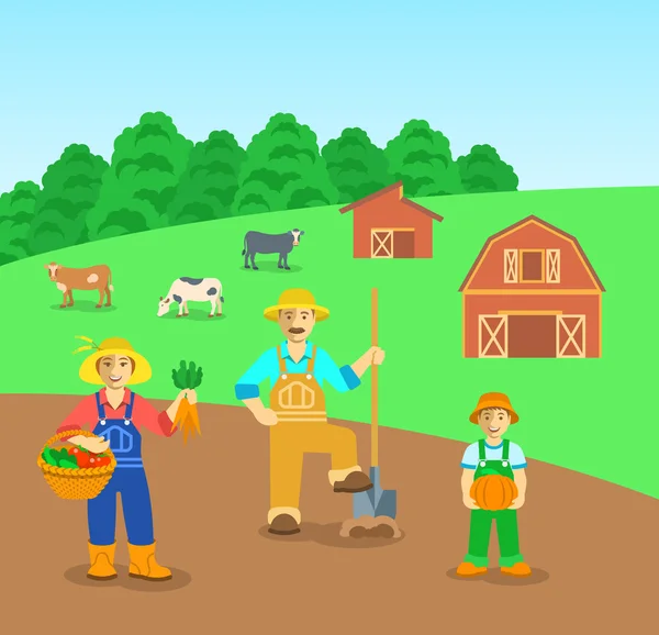 Farming family in farm field flat vector background — Stock Vector