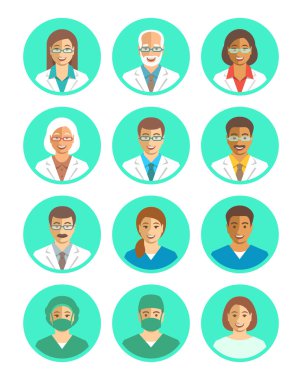 Düz basit avatar doktorlar ve sağlık çalışanları