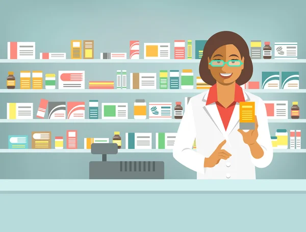 Pharmacist black woman with medicine at counter in pharmacy — Stock Vector