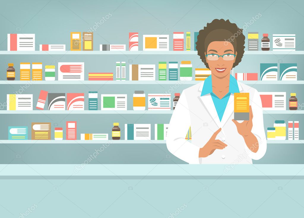 Pharmacist black woman with medicine at counter in pharmacy