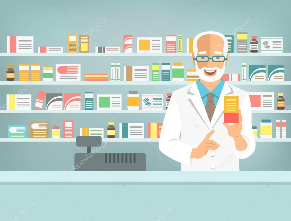 Pharmacist man with medicine at counter in pharmacy