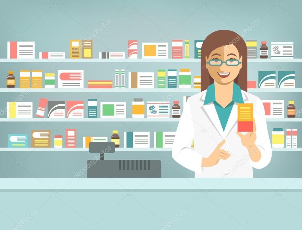 Pharmacist woman with medicine at counter in pharmacy