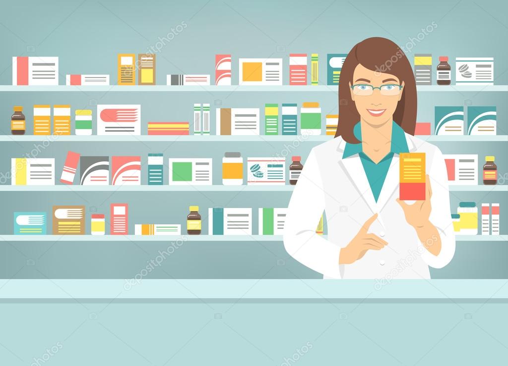 Pharmacist woman with medicine at counter in pharmacy
