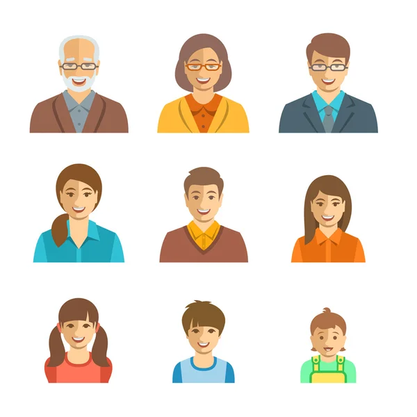 Sada členů rodiny šťastných tváří plochý avatary — Stockový vektor