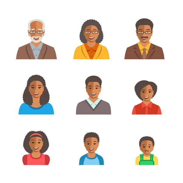 Famiglia afroamericana facce felici avatar piatti — Vettoriale Stock