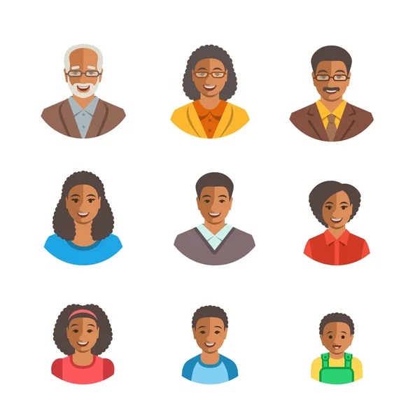 アフリカ系アメリカ人の家族の幸せそうな顔フラット アバター — ストックベクタ