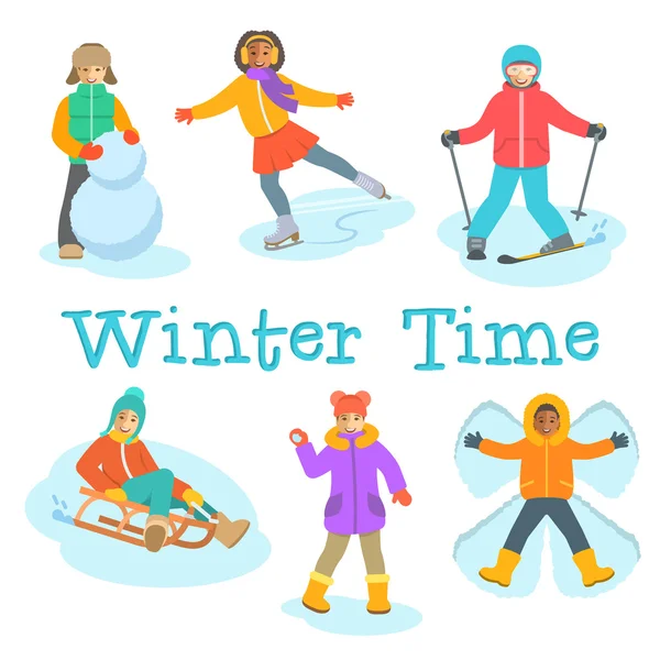 Kids winter outdoor games and activities cartoon — Διανυσματικό Αρχείο