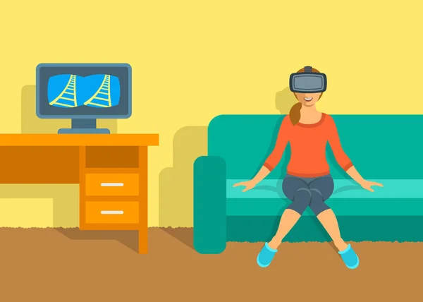 Mujer en gafas de realidad virtual VR box en casa — Archivo Imágenes Vectoriales